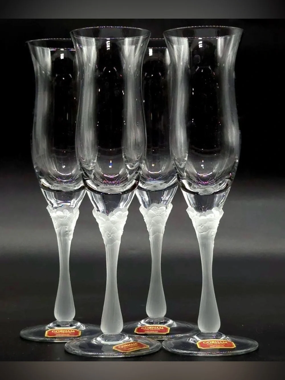 Set Of 4 Elegant Gorham Crystal Champagne Flutes Featuring Frosted Floral Design